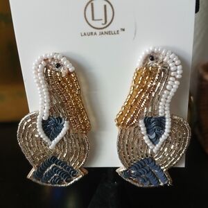 Laura Janelle Beaded Pelican Bird Design Beach Theme Earrings NEW